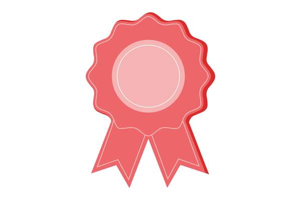 A stylized pink award ribbon with a ruffled circular top, a lighter inner circle, and two V-cut ribbons hanging below.
