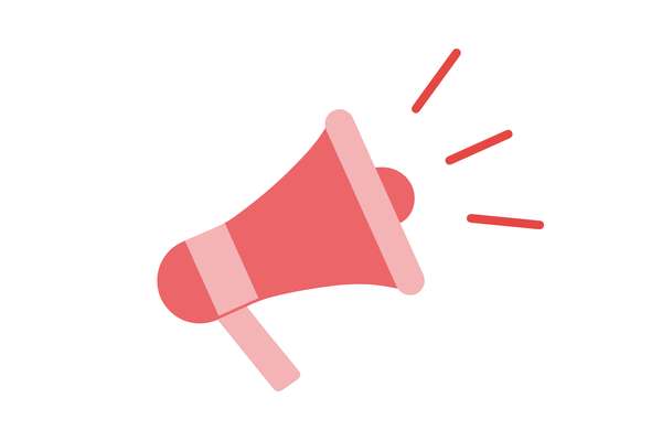 A red and pink megaphone icon with three red lines indicating sound waves or an announcement, set against a white background.