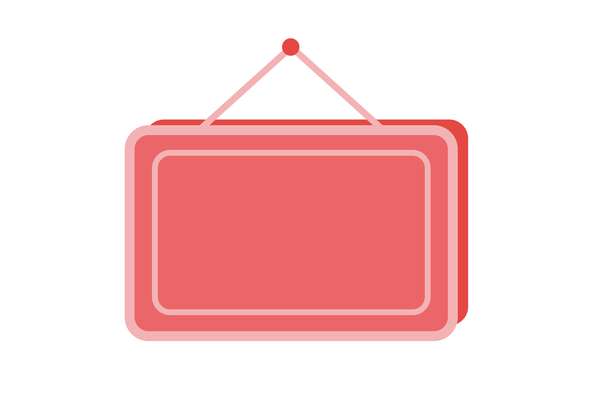 A flat, minimalist illustration of a rectangular red sign or frame with rounded corners, hanging from a small red dot by a light red string.