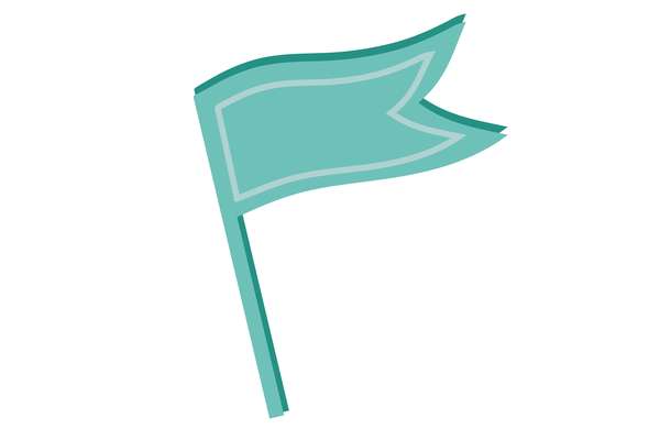 A simple teal flag with a light outline, on a matching pole, angled as if waving.