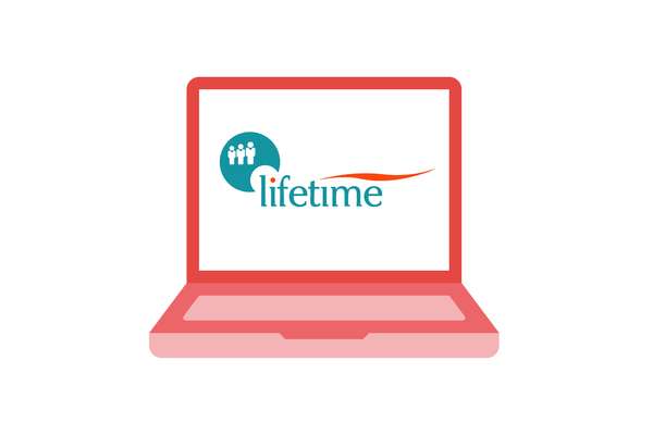 Stylized red laptop shows "Lifetime" logo: teal circle with three people, teal text, and red swoosh on a white screen.