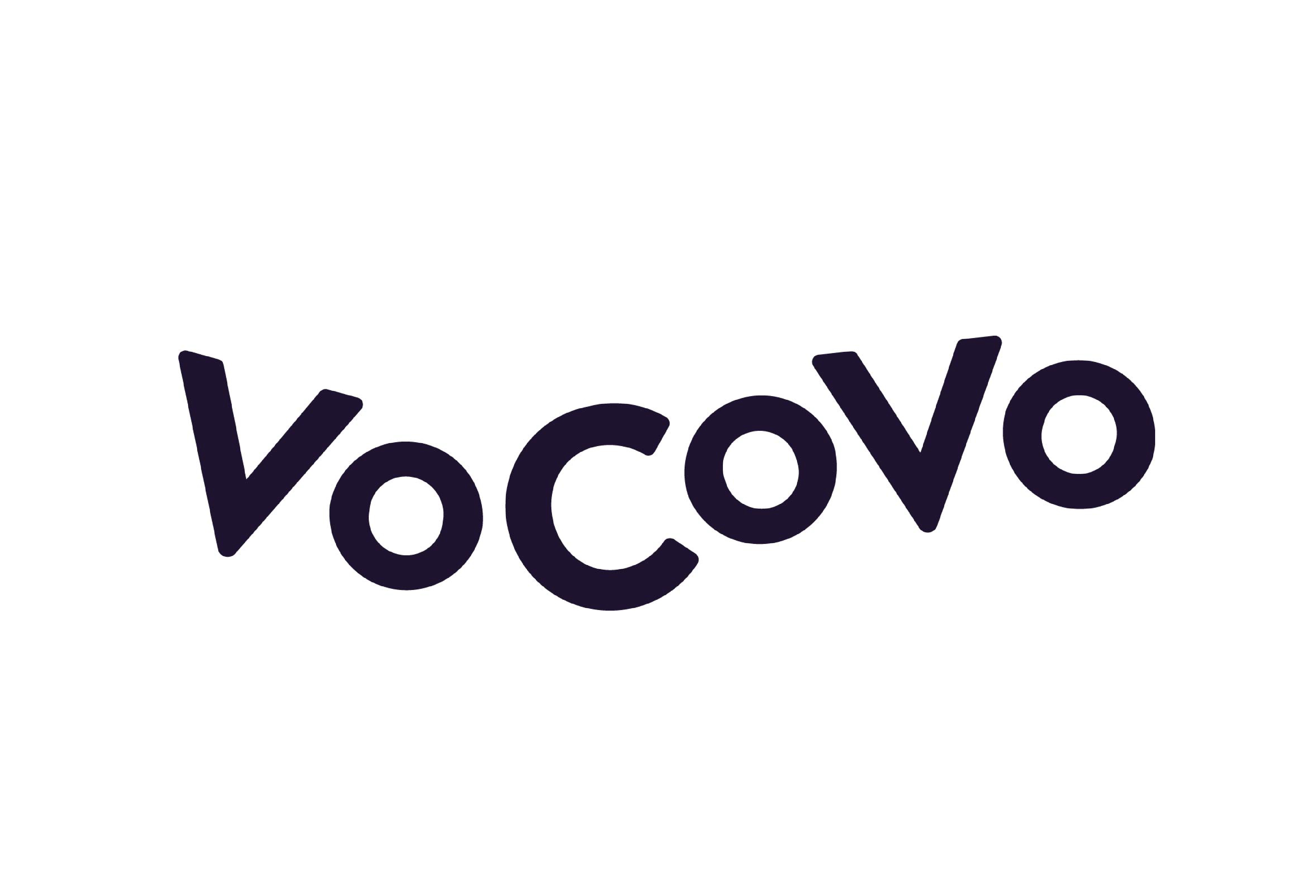 VoCoVo logo in dark purple, sans-serif text on a white background. The text is slightly tilted upwards from left to right.