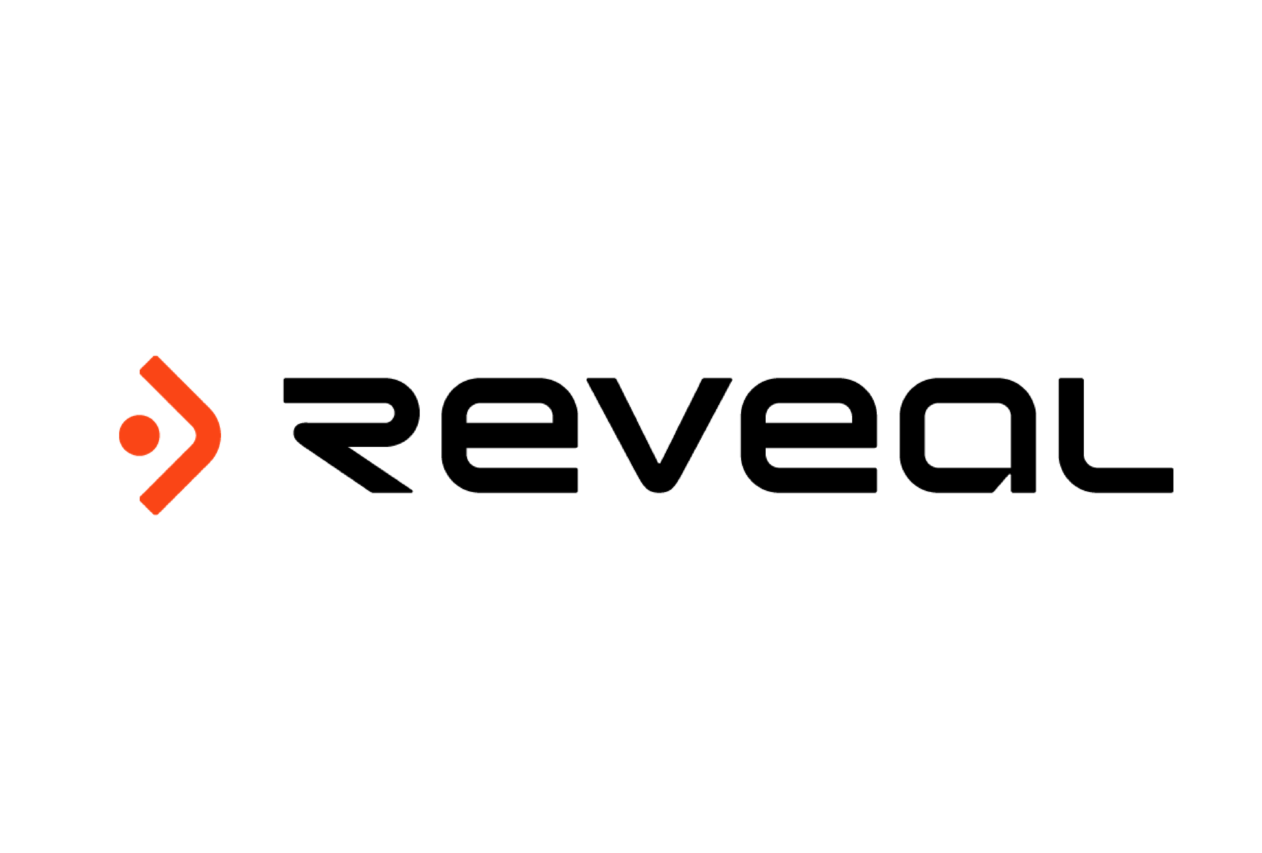 REVEAL logo with black text and an orange symbol: a dot inside a right-pointing arrow.