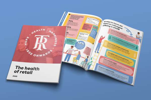 A report titled "The health of retail 2025" is open, displaying statistics and strategies for improving retail employee mental health.