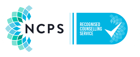 NCPS logo with blue and turquoise squares and a blue badge reading "Recognised Counselling Service" with a white checkmark.