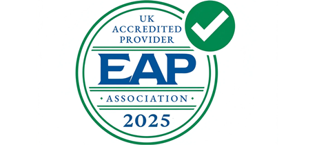 EAP Association UK Accredited Provider 2025 logo with a green checkmark.