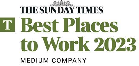 Logo for The Sunday Times Best Places to Work 2023, for "Medium Company," featuring green text and a "T" icon.