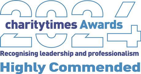 charitytimes Awards 2024, Recognising leadership and professionalism - Highly Commended logo in blue and white.