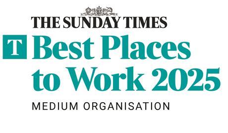 The Sunday Times Best Places to Work 2025 logo for a Medium Organisation, featuring teal and black text on a white background.