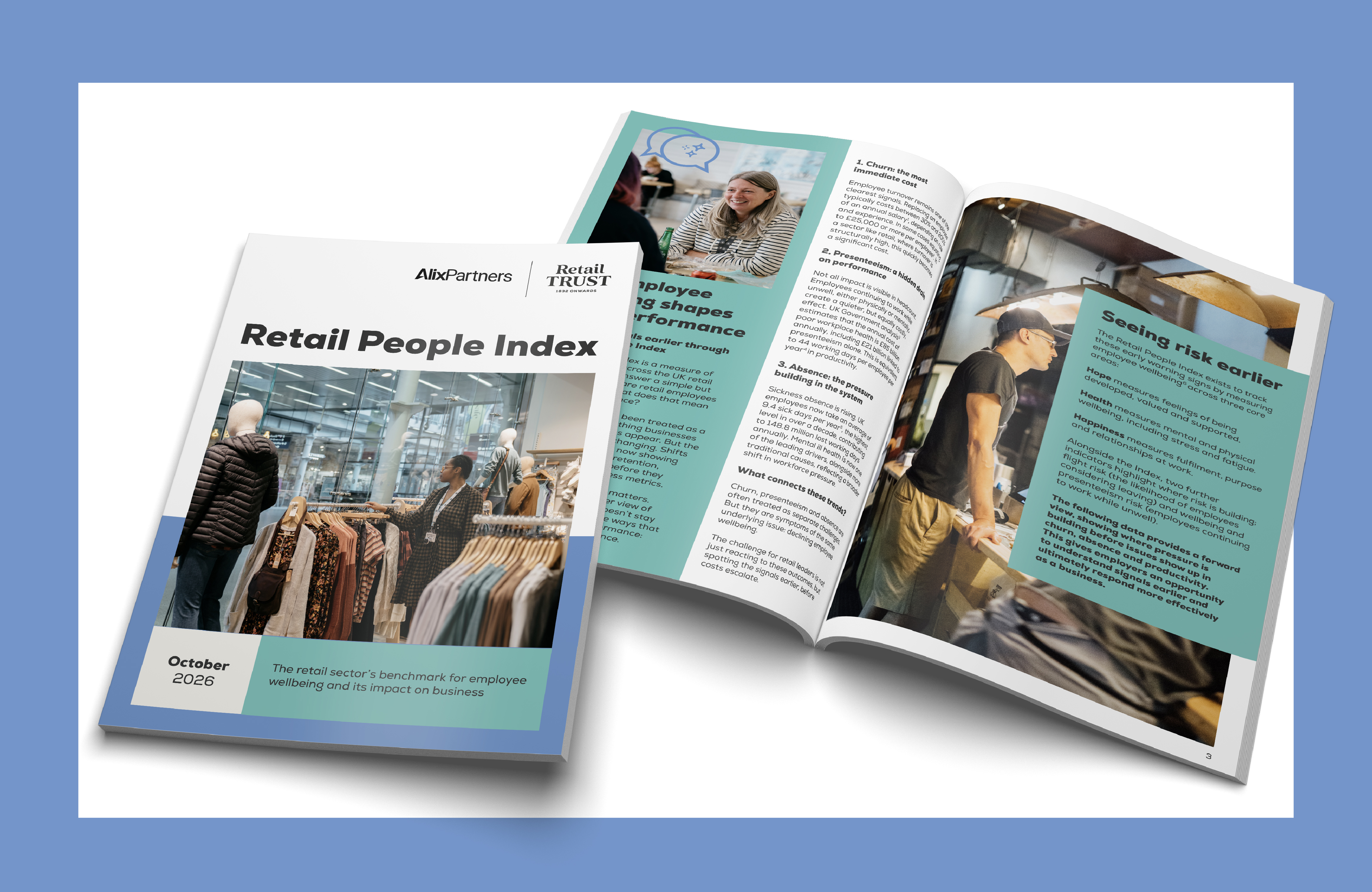 A report titled "Retail People Index" by AlixPartners and Retail Trust, open to pages discussing employee wellbeing and showing retail store scenes.