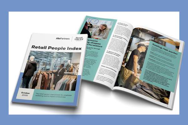 A report titled "Retail People Index" by AlixPartners and Retail Trust, open to pages discussing employee wellbeing and showing retail store scenes.