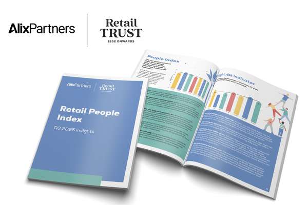 AlixPartners and Retail Trust "Retail People Index Q3 2025" reports with graphs of people index and flight risk, plus a human pyramid illustration.