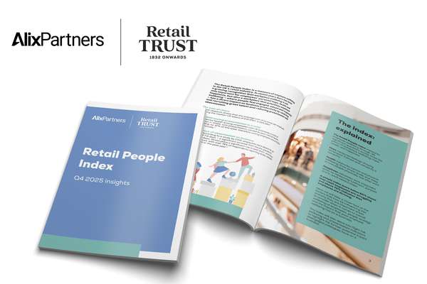 AlixPartners & Retail TRUST logos above an open report titled 'Retail People Index Q4 2025 insights,' showing text and graphics on employee wellbeing.