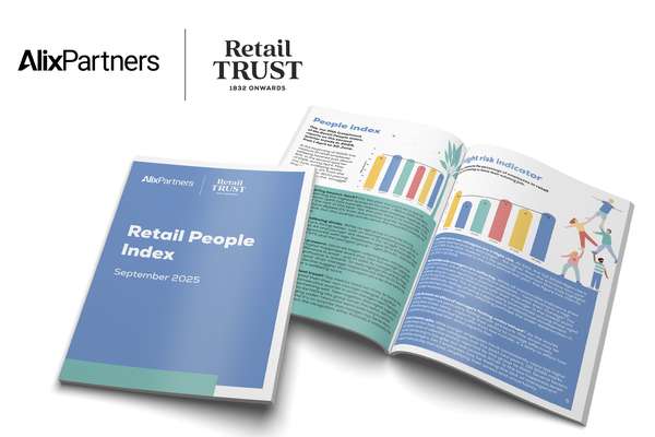 A blue "Retail People Index September 2025" report lies next to an open publication displaying graphs and text on people & flight risk. AlixPartners, Retail TRUST logos.