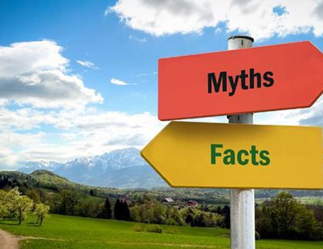 Signpost with red arrow labeled "Myths" and yellow arrow labeled "Facts" against a scenic backdrop of fields and mountains.