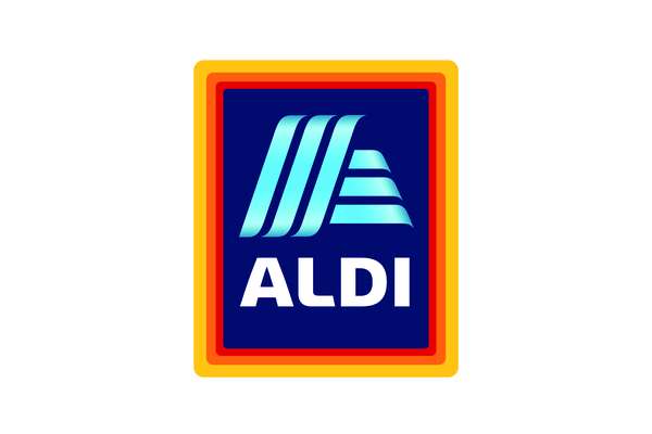 ALDI logo: white "ALDI" text with three gradient blue wavy stripes above, all on a navy blue square with rounded red, orange,