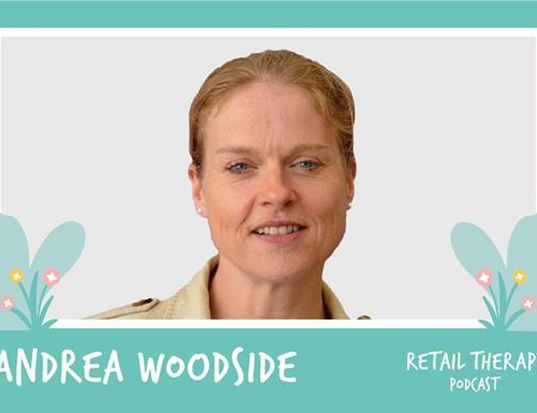 Portrait of a smiling person set in a green floral-themed frame, with text: "Andrea Woodside, Retail Therapy Podcast."