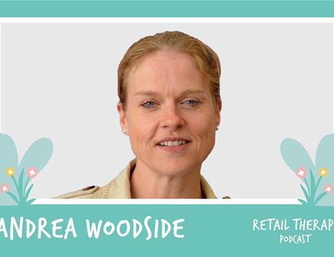 Portrait of a smiling person set in a green floral-themed frame, with text: "Andrea Woodside, Retail Therapy Podcast."