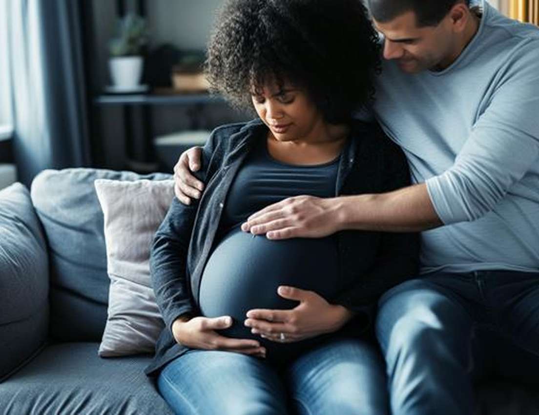 A man gently rests his hand on a pregnant Black woman's baby bump as she cradles it with her hands, both looking down with af