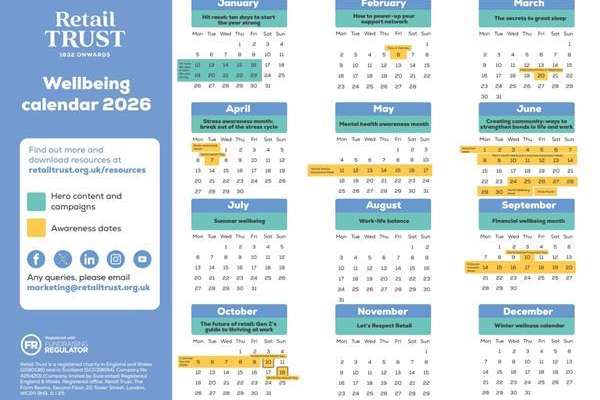 Retail Trust Wellbeing calendar 2026 showing monthly themes and highlighted dates for hero content, campaigns, and awareness.