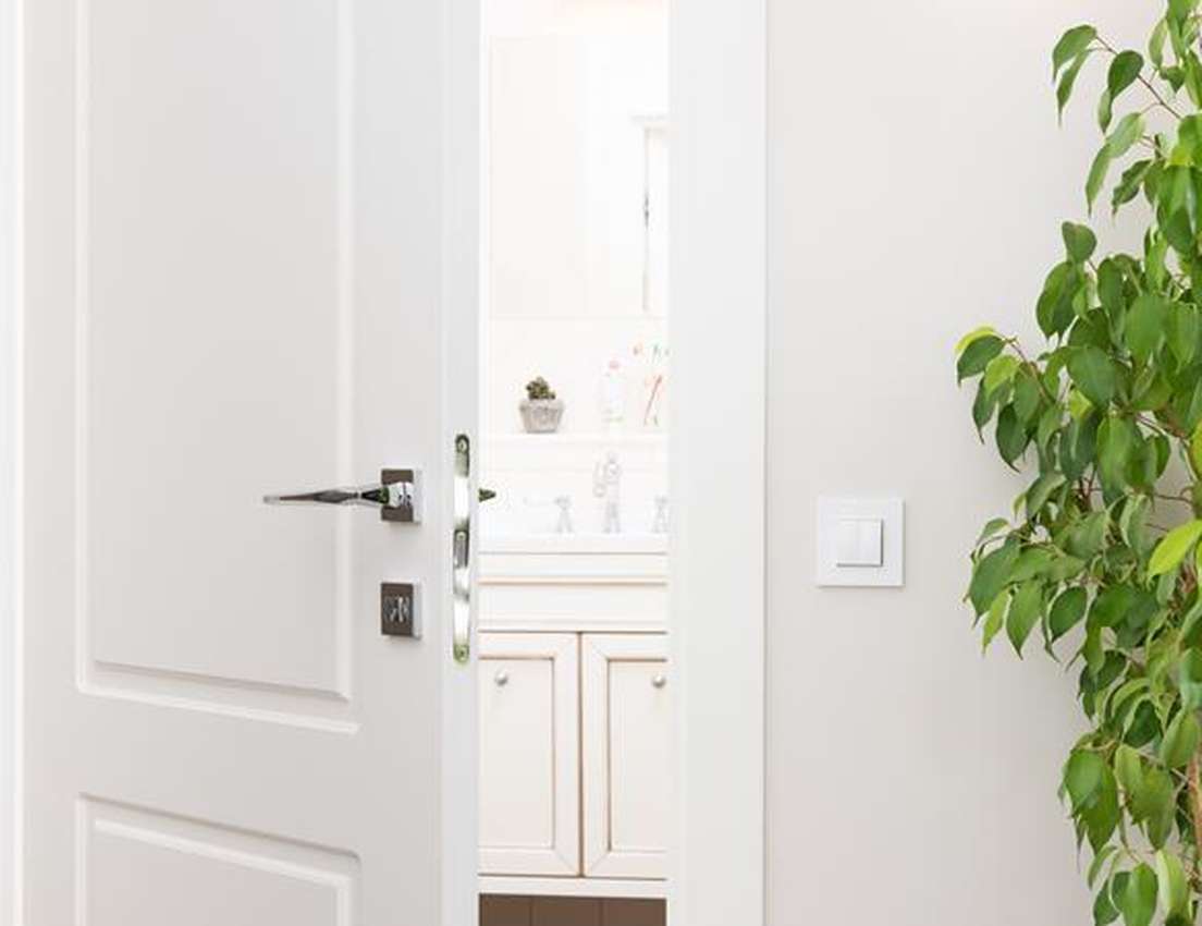 White door ajar, showing a bathroom sink and cabinet. A green plant and light switch are on the wall to the right.