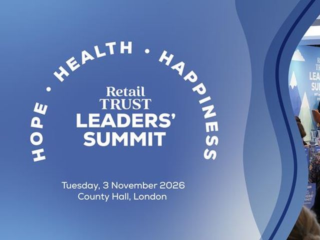Promotional graphic for Retail Trust Leaders' Summit with "Hope Health Happiness" and event details, next to a photo of the summit with speakers and audience.