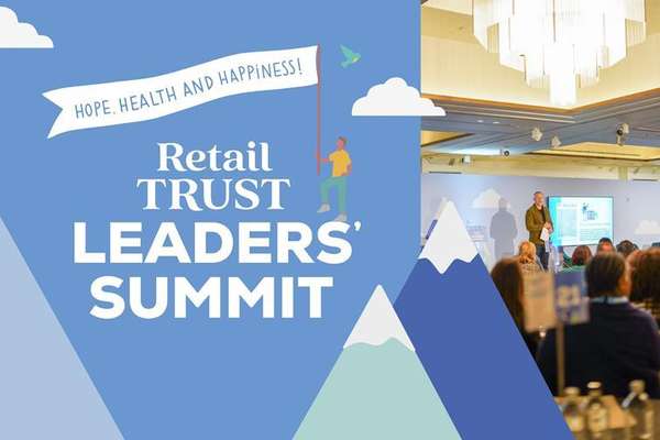 Left: 'Retail TRUST LEADERS' SUMMIT' graphic, person with 'Hope, Health and Happiness!' flag. Right: Speaker on stage addressing an audience.