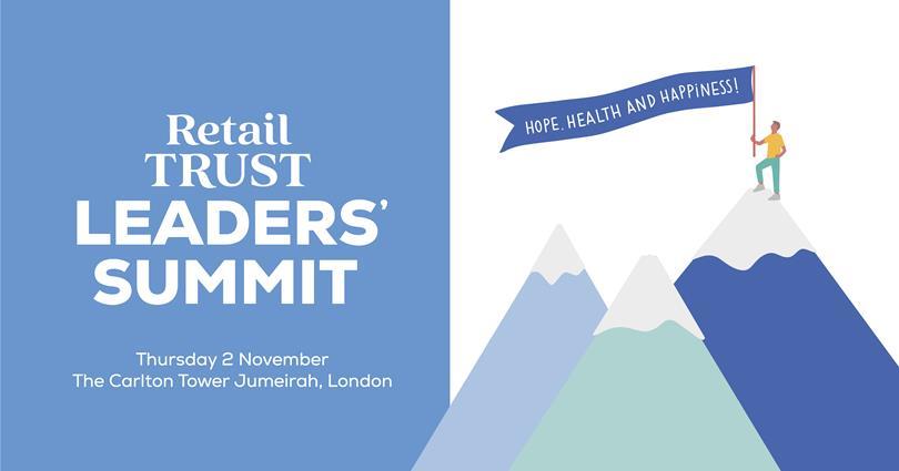 Retail Trust Leaders' Summit details with an illustration of a person on a mountain peak holding a banner: 'Hope, Health and Happiness!'