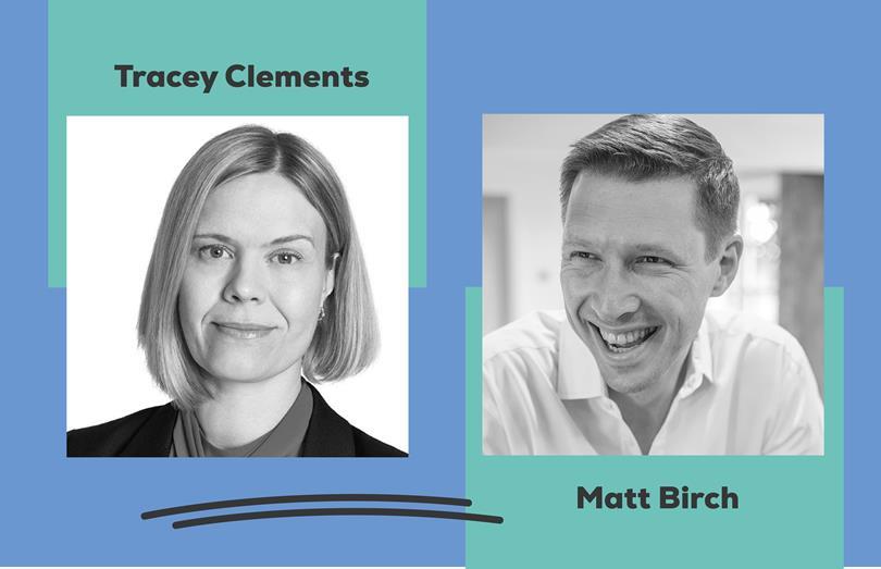 Black and white headshots of Tracey Clements (woman) and Matt Birch (man smiling), with names and a blue/teal background.