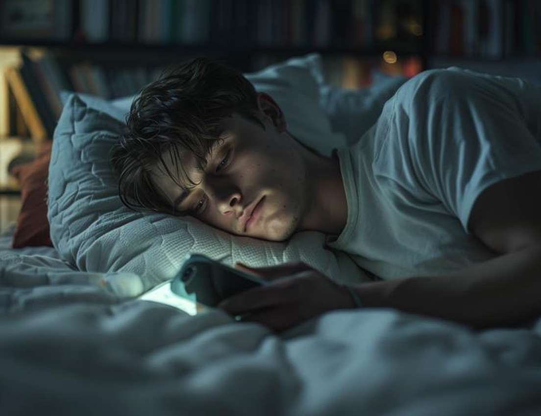 A young man lies awake in bed at night, his face lit by the bright screen of his smartphone.