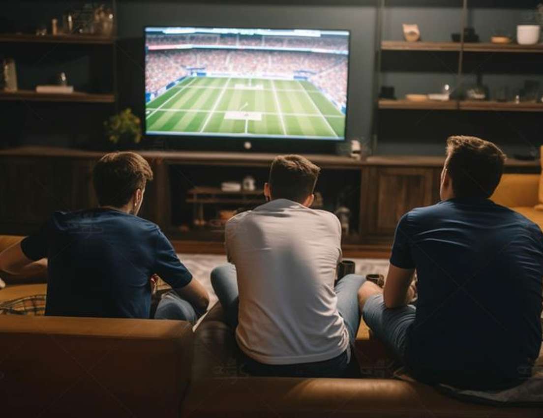 Three friends gathered, watching a soccer game on a big screen TV in a dimly lit living room.