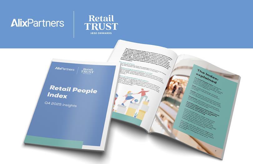 Two copies of the AlixPartners & Retail Trust 'Retail People Index Q4 2025 Insights' report, one closed and one open.