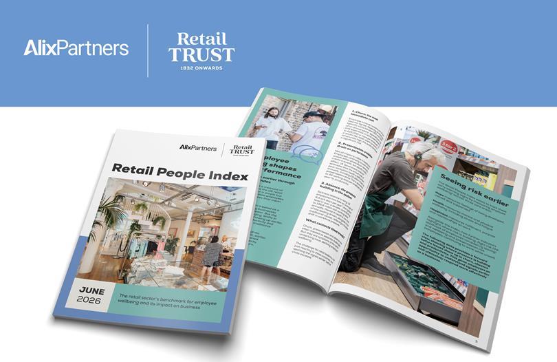 AlixPartners & Retail Trust's 'Retail People Index' report, closed with a store image, open showing articles and a man stocking shelves.