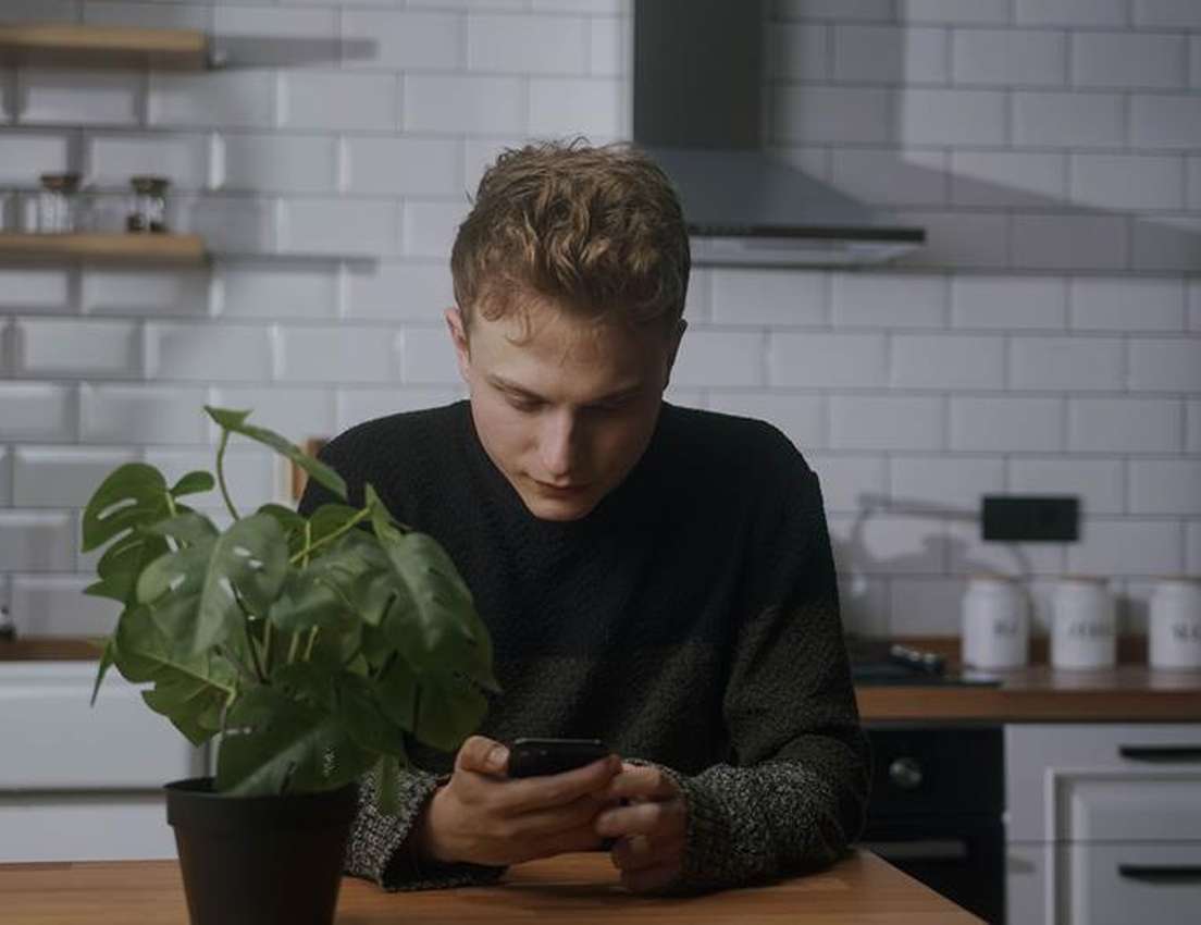 A young man with curly blonde hair in a black sweater intently uses his phone at a kitchen counter with a plant in a modern k