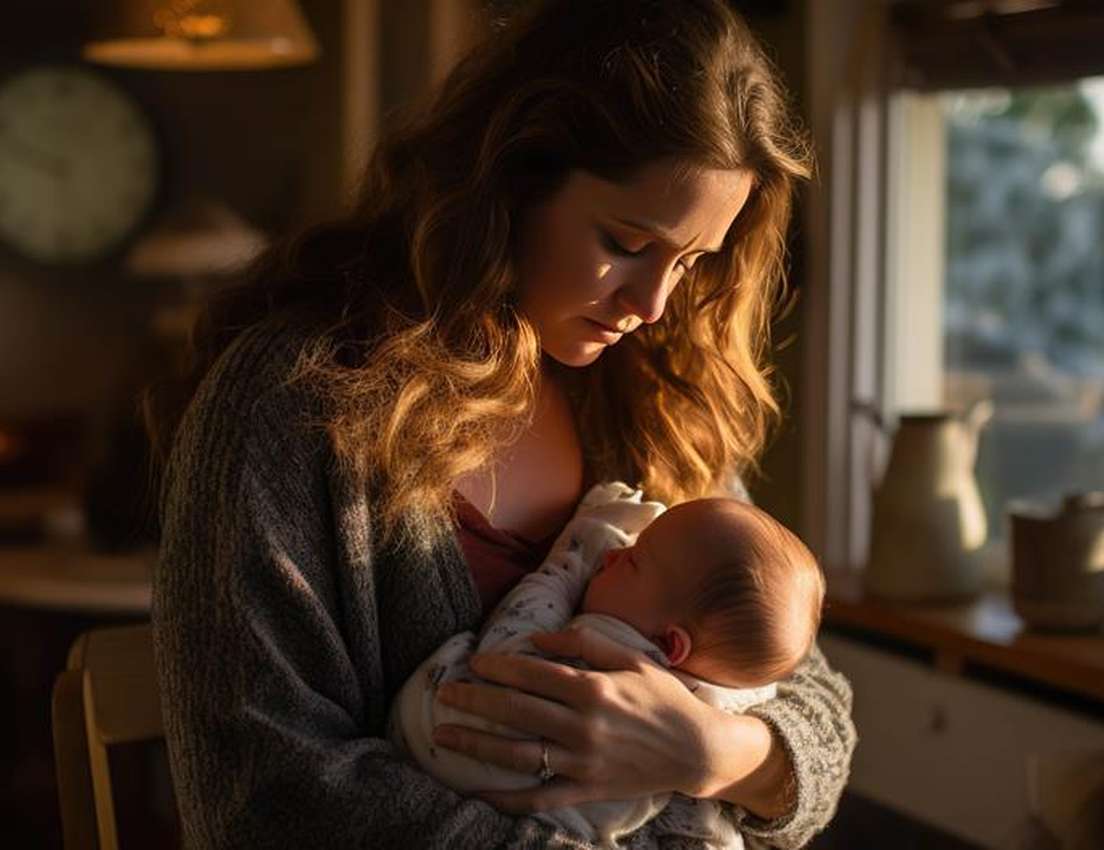 A mother with long hair gently cradles her sleeping newborn baby, bathed in warm sunlight from a window indoors, looking down