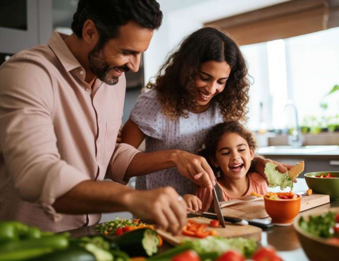 Smiling parents and their young daughter cook together, chopping fresh vegetables in a bright kitchen.