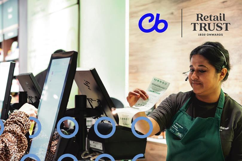 A smiling retail worker in a green apron and headset holds a receipt near POS systems. Logos for cb and Retail Trust are visible.