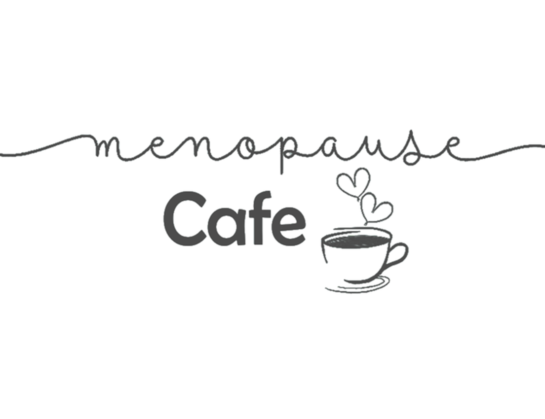 "menopause Cafe" logo with curly "menopause", bold "Cafe", and a coffee cup with heart-shaped steam.