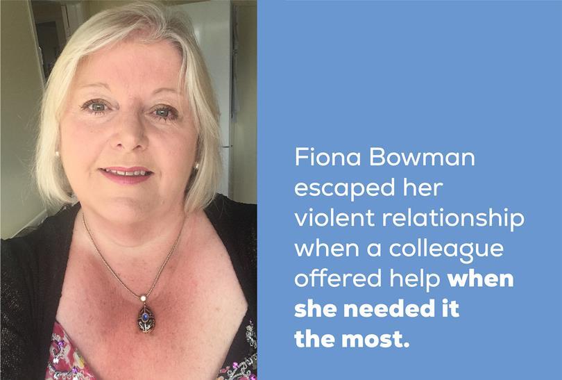 Fiona Bowman, a smiling blonde woman in a necklace, next to blue text about escaping a violent relationship with a colleague's help.
