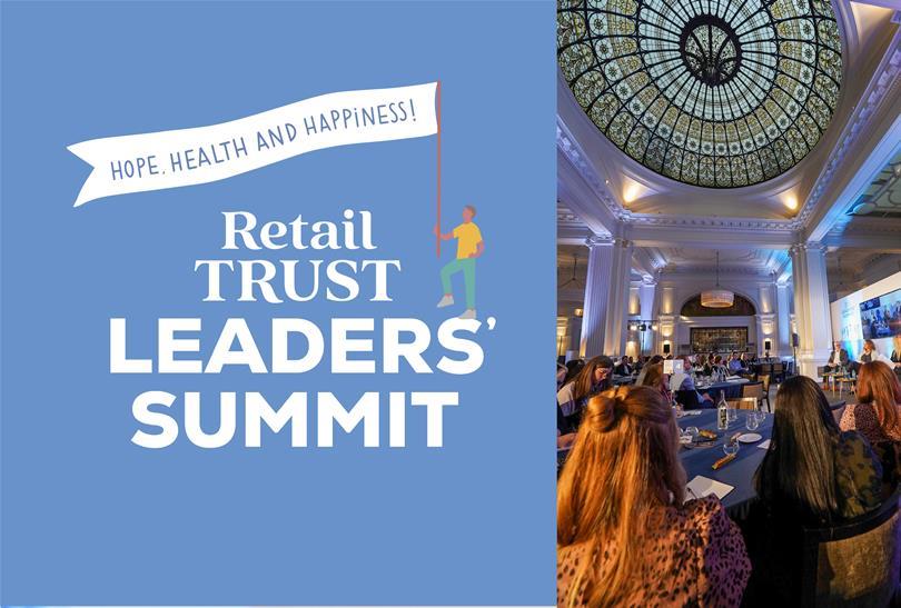 Promotional graphic for Retail Trust Leaders' Summit with "Hope, Health and Happiness!" banner, alongside a photo of the event in a grand hall.