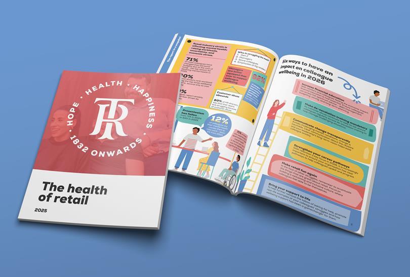 A red and white report titled "The health of retail 2025" next to an open page with colorful charts, statistics, and tips on employee wellbeing.