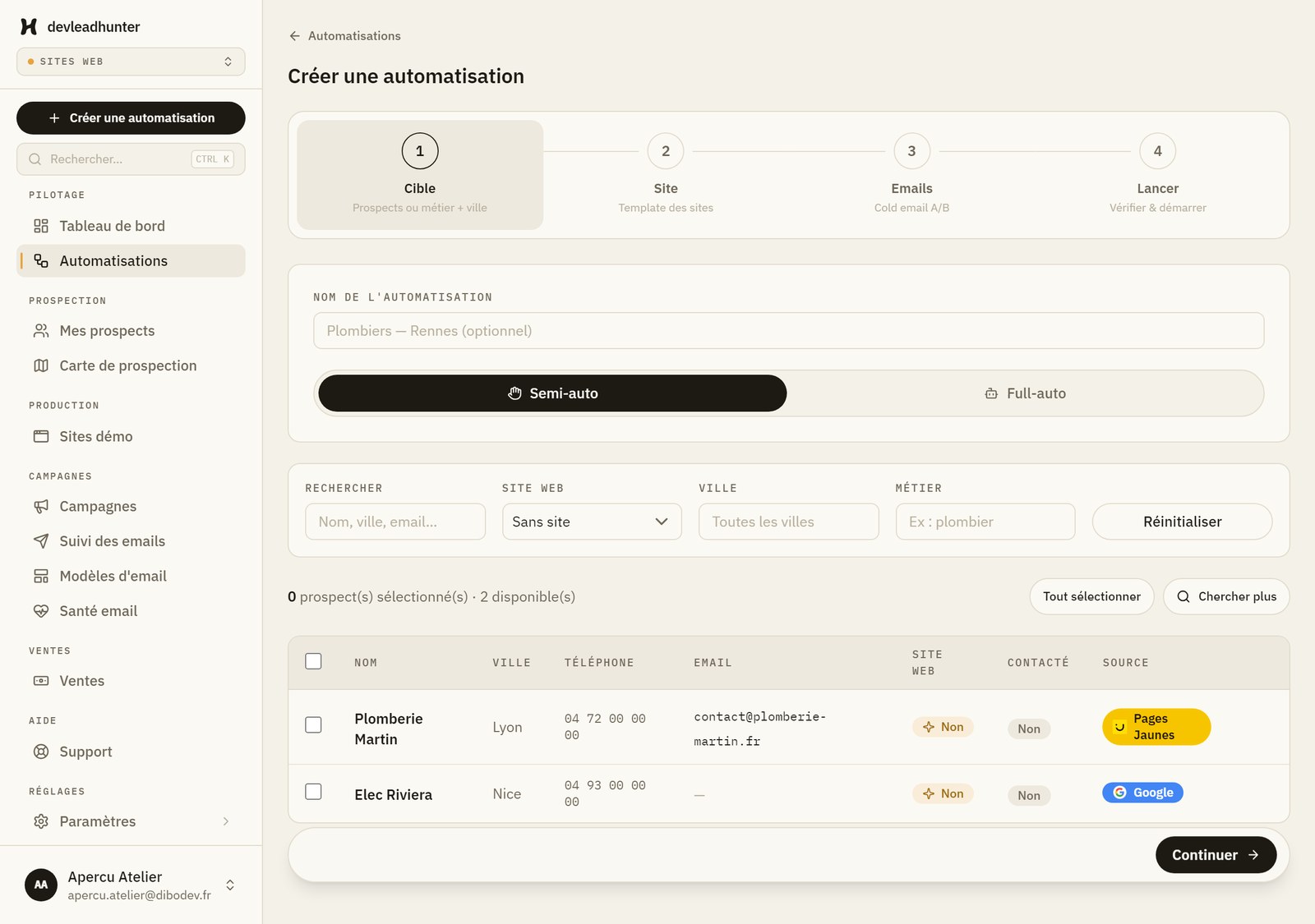 DevLeadHunter — Prospection automatisée pour vendre des sites web aux artisans - Aperçu 1