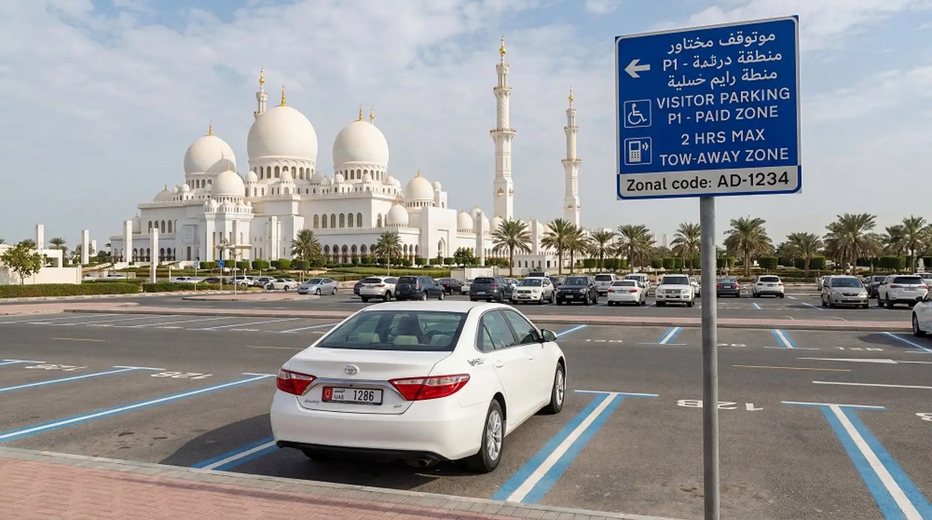White car in a parking lot near Sheikh Zayed Grand Mosque, Abu Dhabi. Sign indicates visitor parking and tow-away zones under a clear sky.