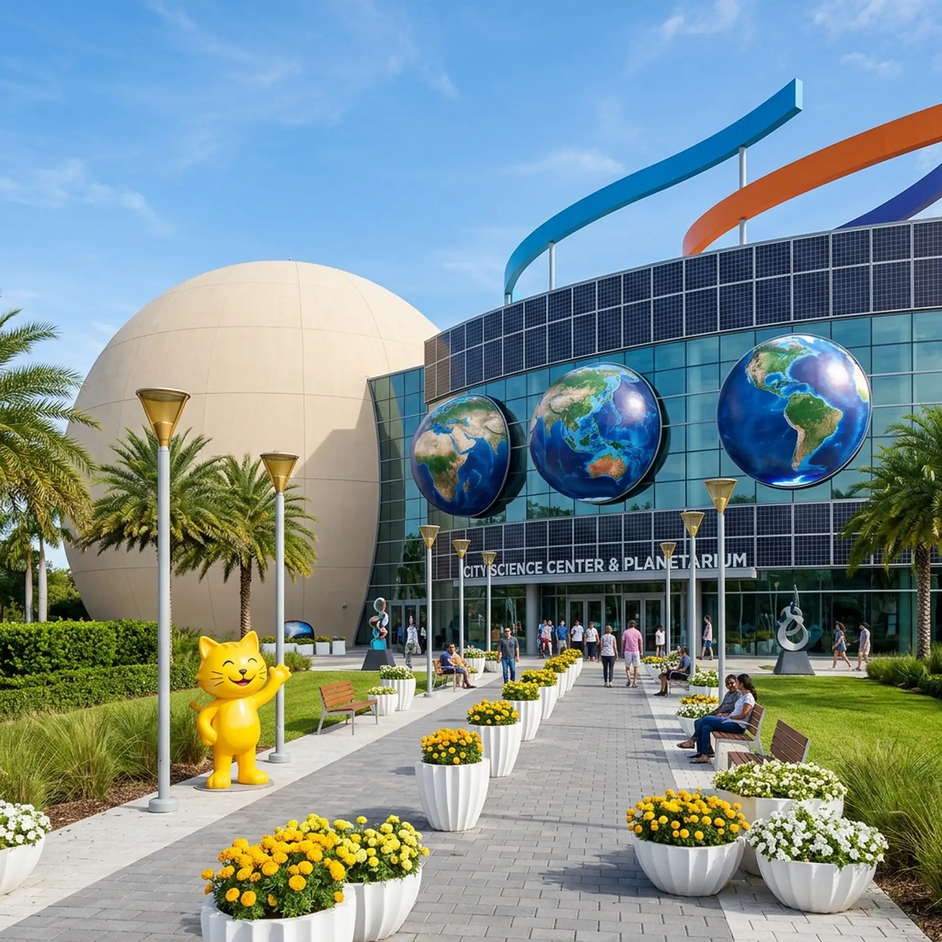 Science center with globe displays and a planetarium dome. Pathway lined with planters and a yellow cat statue. Palm trees under blue sky.