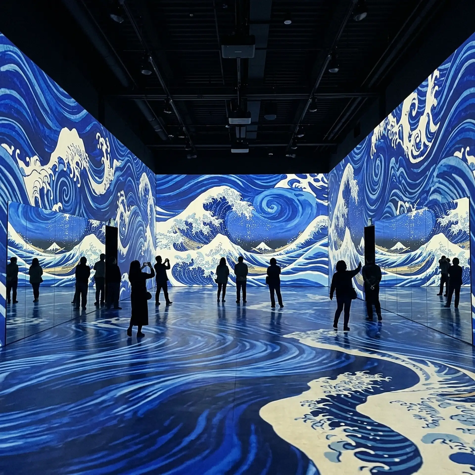 People stand in an immersive art exhibit, surrounded by large, swirling blue wave projections on walls and floor.