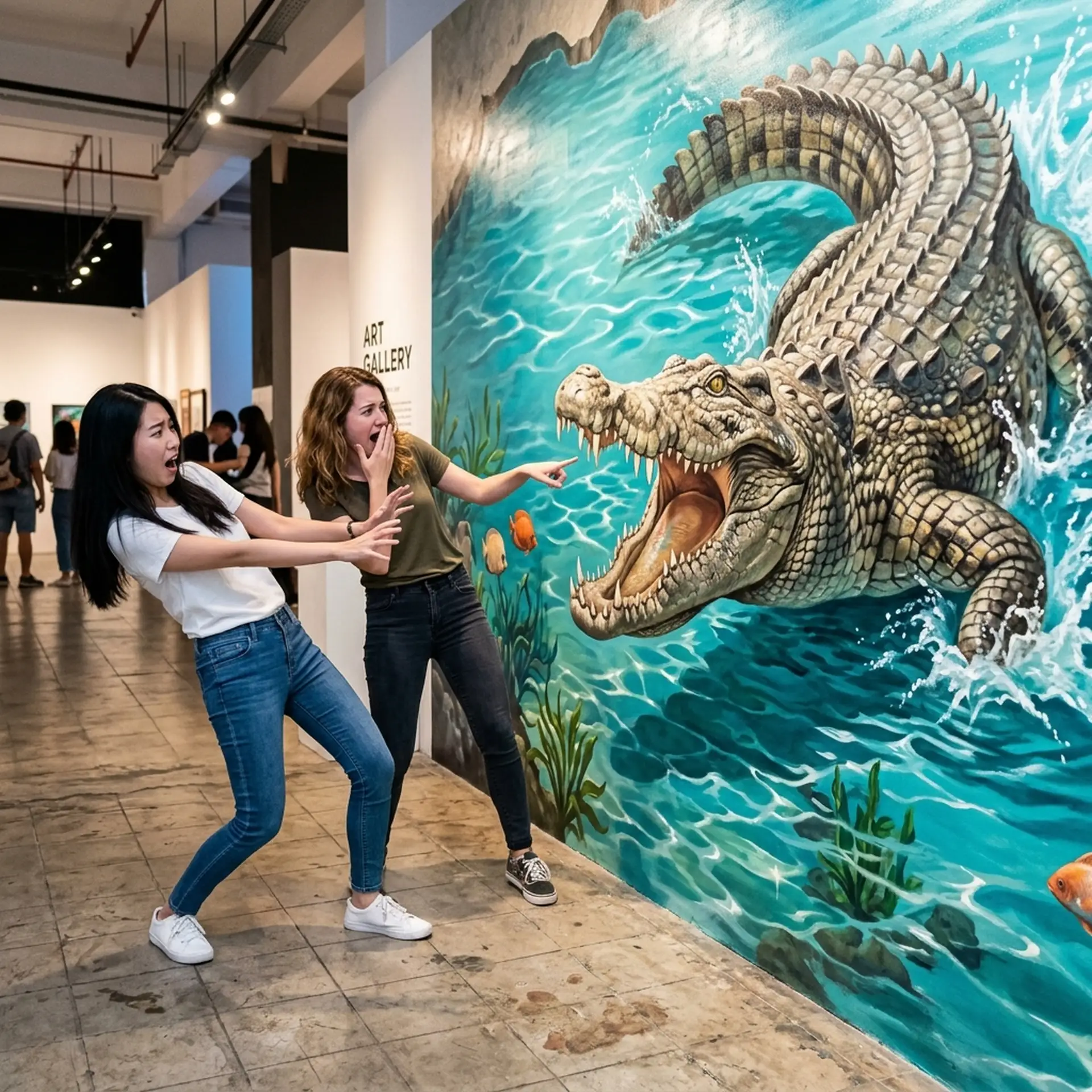 Two women playfully pose with a 3D art mural of a crocodile in an art gallery, creating an interactive and fun illusion.