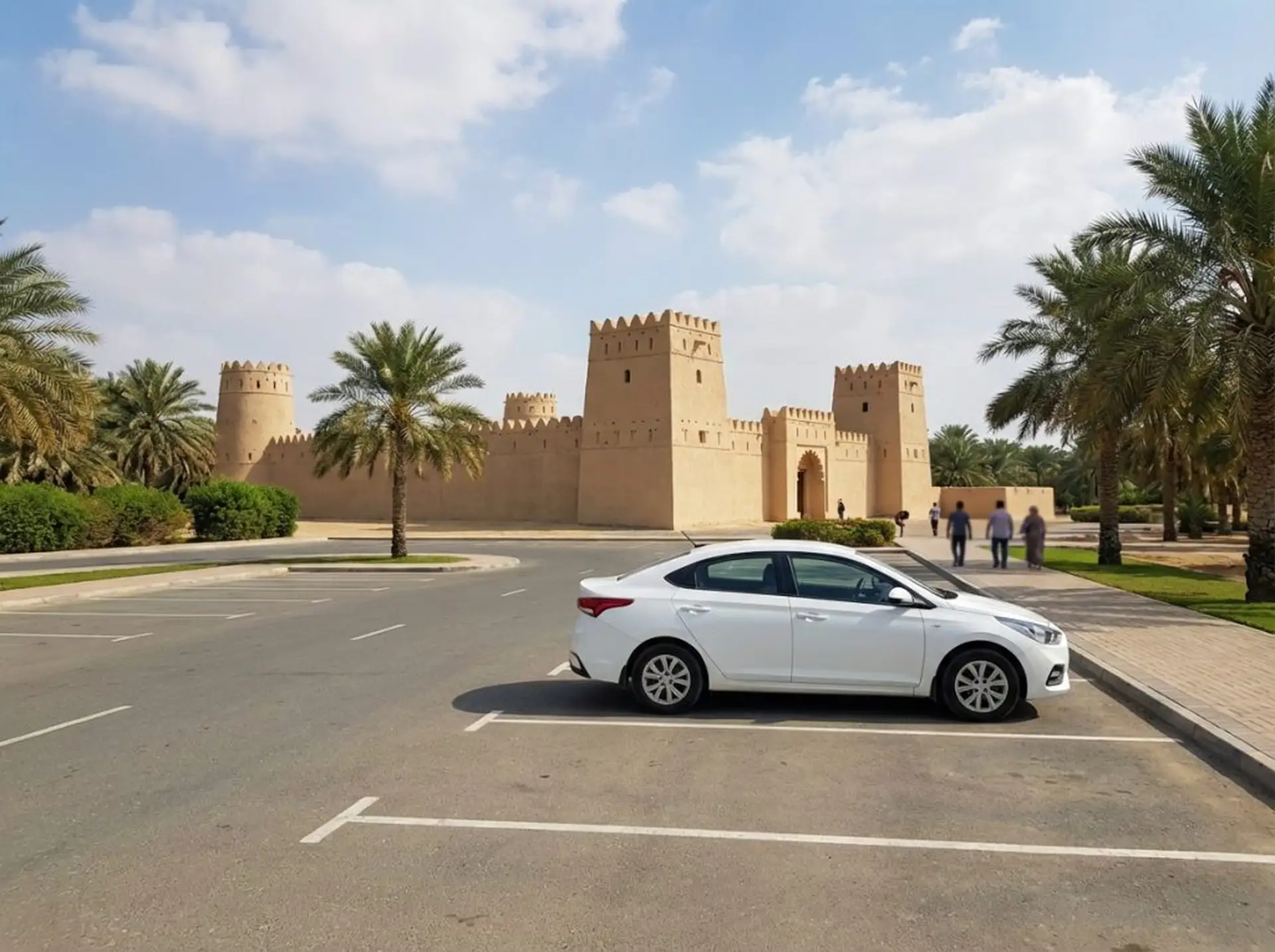 A white car parked in an empty lot near a beige fortress with towers, surrounded by palm trees and under a partly cloudy sky.