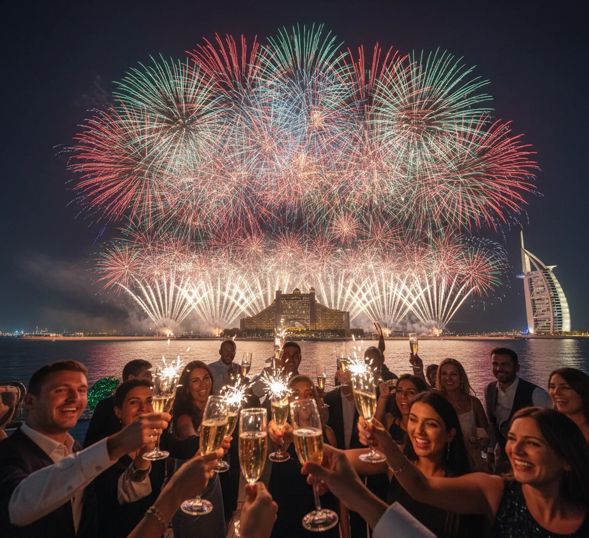 People celebrating with sparklers and champagne, as colorful fireworks burst over a cityscape at night, featuring a prominent sail-shaped building.