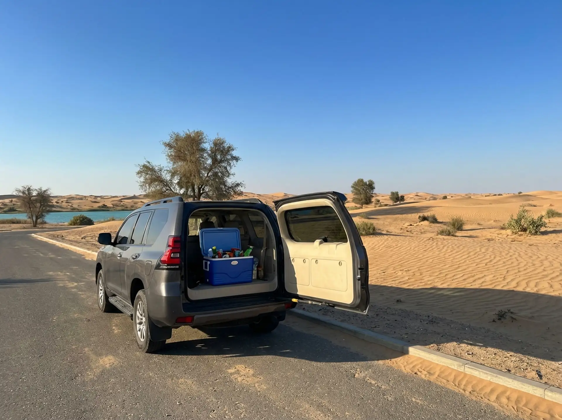 SUV parked on a desert road, rear hatch open revealing a blue cooler with supplies. Sand dunes and sparse trees under a clear blue sky.