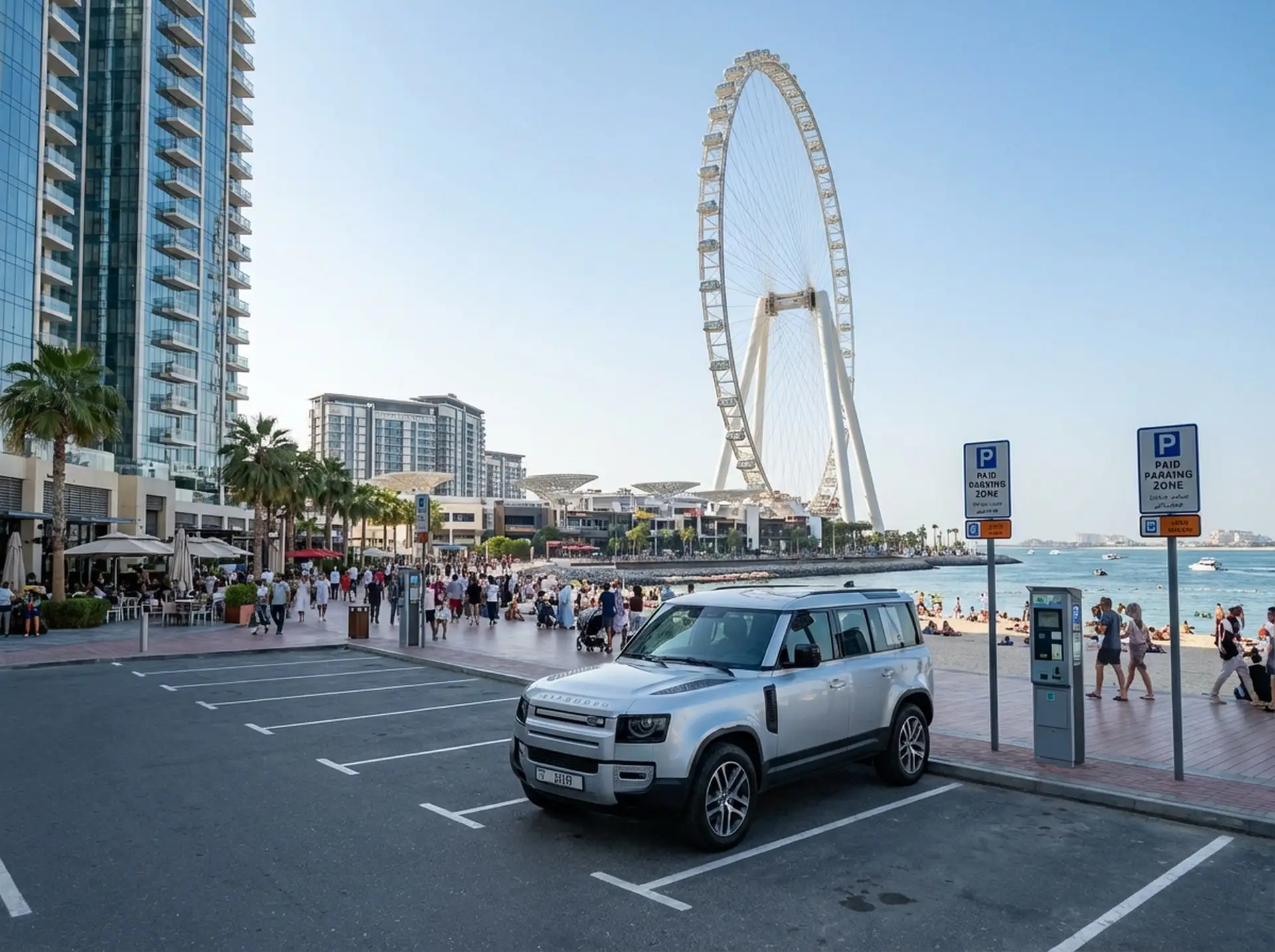 A silver SUV is parked near a waterfront promenade with a large Ferris wheel, modern buildings, and beachgoers in the background.